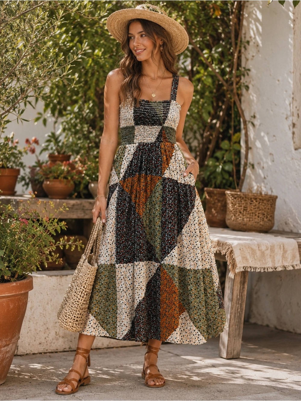 Universal Thread Patchwork Floral Smocked Midi Dress | Cottagecore Prairie  Sz S
